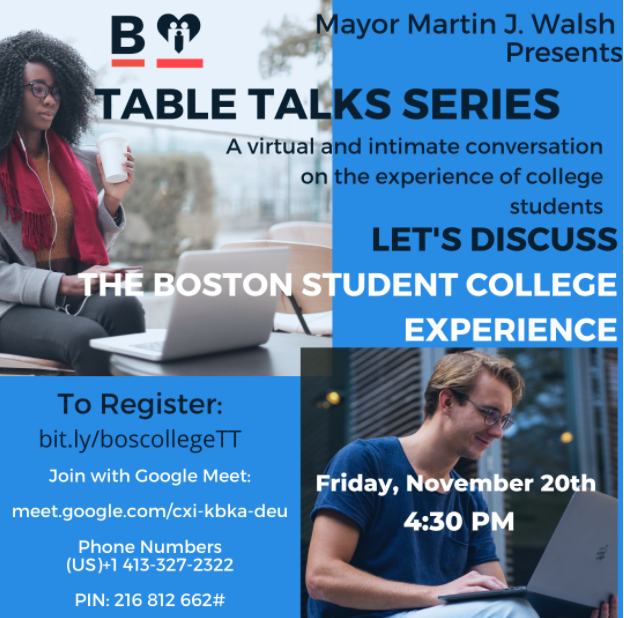 WestRoxburyONS's tweet photo. Hey Boston, join @BosServOutreach’s ‘The Boston Student College Experience’ #VirtualTableTalk on Friday, Nov 20, 4:30p, to discuss the experience of college students in the @CityofBoston. Register at https://t.co/pb119EIYD9. #BostonTalks #CommunityConvo #BosCollegeTableTalk https://t.co/A0UT7xQvMB