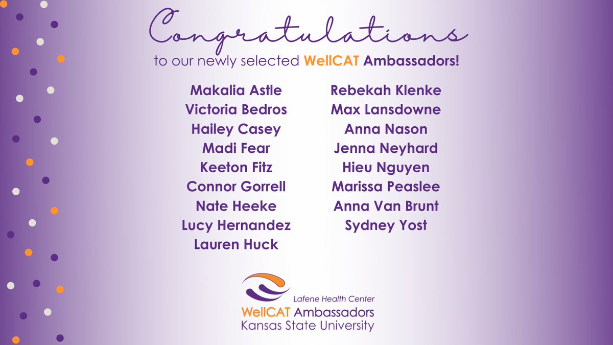 KStateWellCAT's tweet photo. We're pleased to announce our newest group of WellCAT Ambassadors! Great things ahead. https://t.co/Nb1EofAVD5