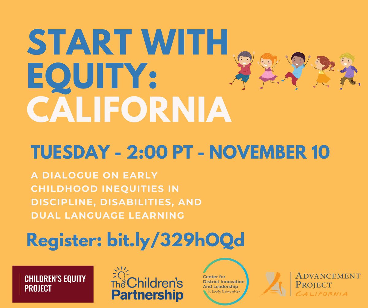 CatalystCali's tweet image. TOMORROW join us, @KidsPartnership, @ChildrensEquity, and DIAL EE for a discussion on equity in early care and education with respect to discipline, disabilities, and dual-language learners! Don't miss it. Register now: bit.ly/329hOQd #StartWithEquity