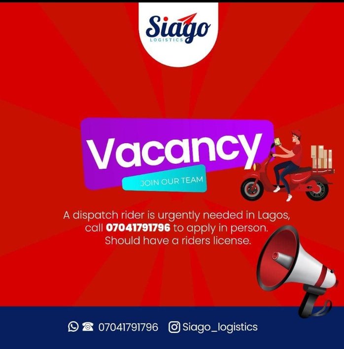 emmanuelbasy's tweet photo. Dispatch rider jobs in lagos.
Call the number on the advert for immediate interview
#dispatchers #dispatchriderjobs #Lagos #Nigeria #MondayMotivation https://t.co/FVZTTxrGwu