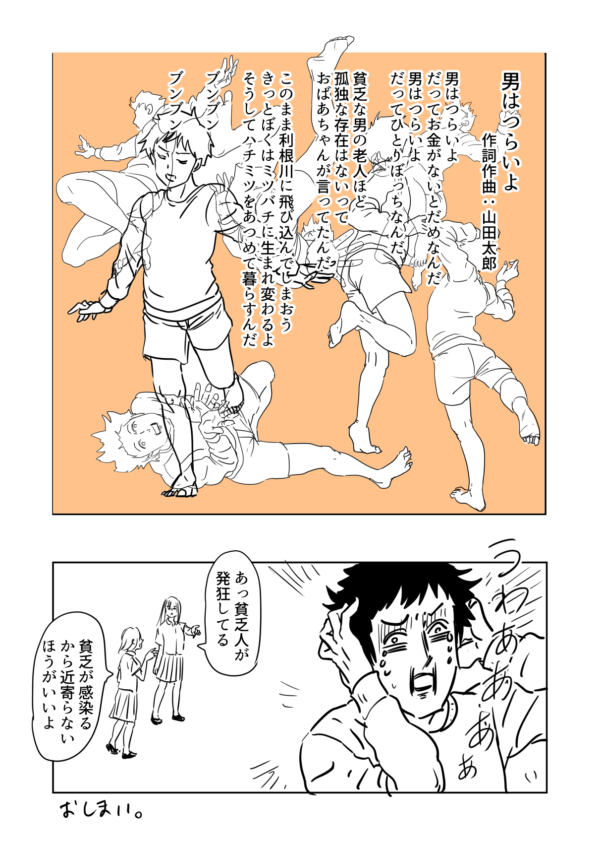 吉田博嗣 イラスト練習6日目 てきとうな漫画が輪をかけててきとうになってしまったが 駄作でもとりあえず毎日描くことが重要と考える 友人が手取り15万円の仕事を来年辞めるという話から着想 漫画 漫画が読めるハッシュタグ 世にもくだらない話