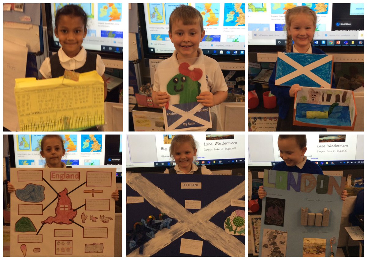StambridgePri's tweet photo. Wangari Class brought in their Geography homework today. They had to pick a country from the UK and create their own piece of work about it. The quality of work was outstanding as you can see! #geography #aboveandbeyond #creativehomework https://t.co/fxQWC6fyzG