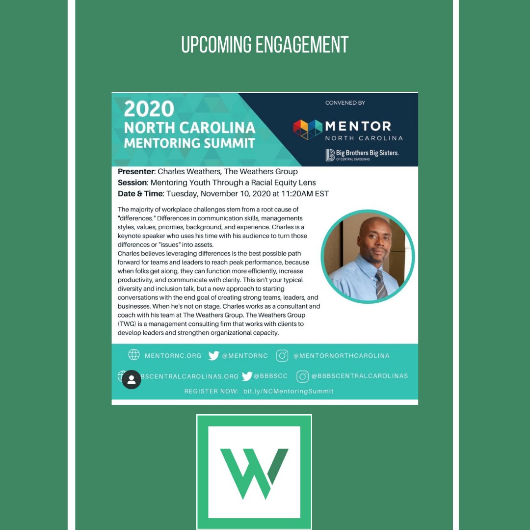 charlesweathers's tweet image. I&apos;m thrilled to speak with #Nonprofit #ExecutiveDirectors and #Managers about the importance of Leading an #EquitableOrganization - See you tomorrow @MentorNC #RaceEquity #Diversity #Equity #Inclusion