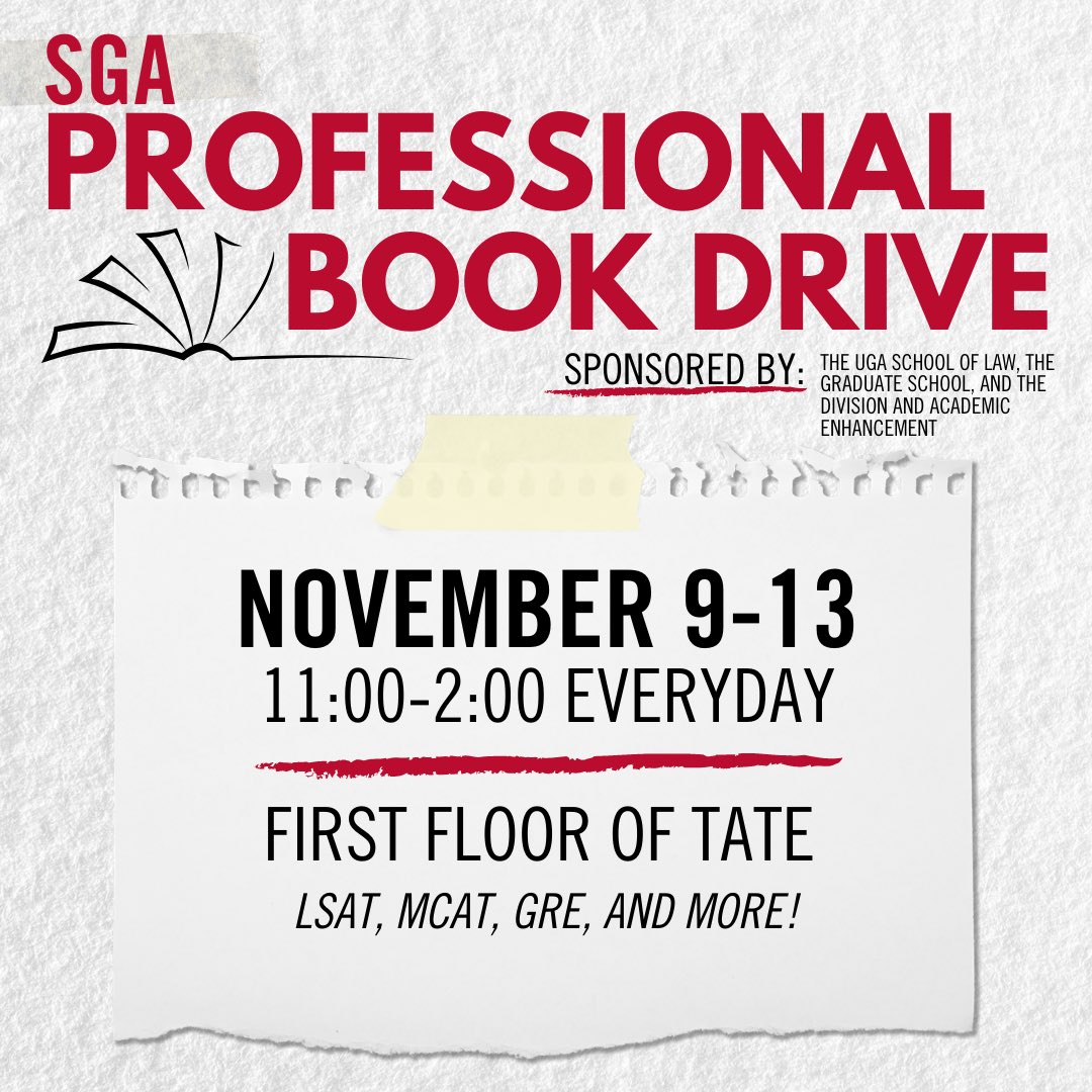 ugasga's tweet photo. Our professional book drive is happening this week! Our goal is to provide a resource for students who want to attend school post-undergraduate, but don’t have the means to buy study materials. Drop off any new or used books this week on the first floor of Tate from 11am-2pm! https://t.co/UdDHyptb3c