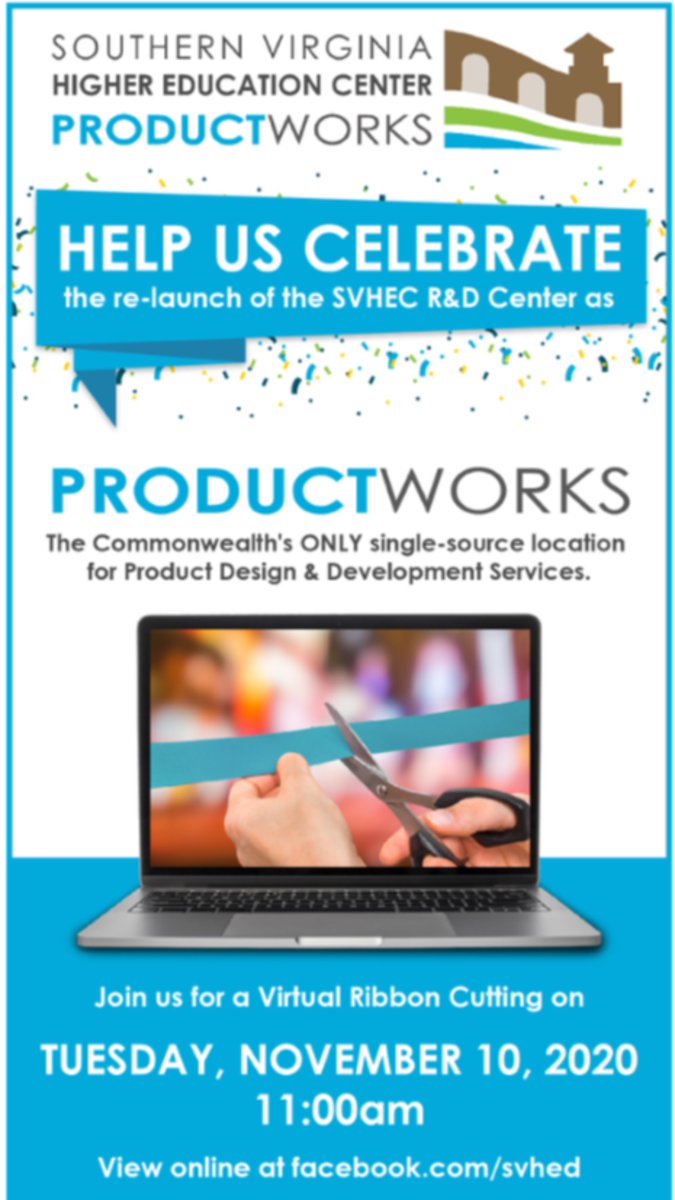 svhed's tweet photo. Join us TOMORROW at 11:00am for a Virtual Ribbon Cutting as we relaunch the SVHEC R&amp;D Center as ProductWorks--your single source location for product design &amp; development services! 
#productdesign #productdevelopment #prototyping #designplanning #CAD #CAM #manufacturing https://t.co/Za5s8fokuk