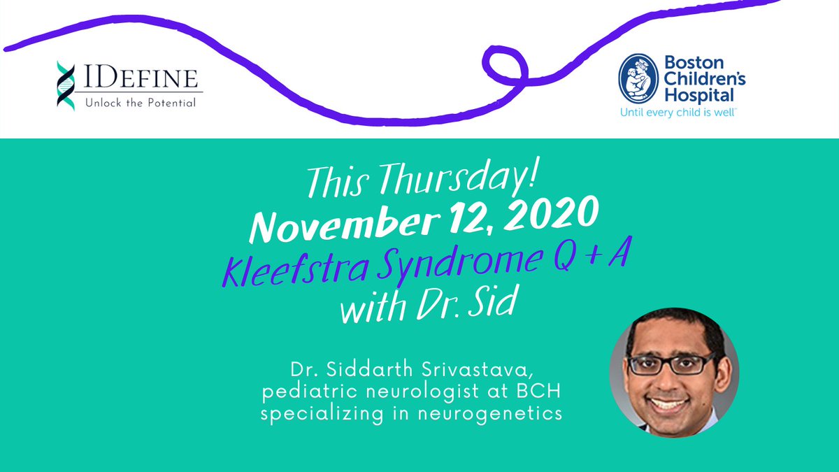 IDefine (@idefineorg) on Twitter photo 📣 This Thursday, November 12, at noon ET, please join Dr. Sid, #KleefstraSyndrome expert and #KleefstraClinic lead <a href="/BostonChildrens/">Boston Children's</a>, for a Q&A session about the latest KS research and progress on the new Center of Excellence. Register today: bit.ly/3dn5jVz. 📣 This Thursday, November 12, at noon ET, please join Dr. Sid, #KleefstraSyndrome expert and #KleefstraClinic lead <a href="/BostonChildrens/">Boston Children's</a>, for a Q&A session about the latest KS research and progress on the new Center of Excellence. Register today: bit.ly/3dn5jVz.