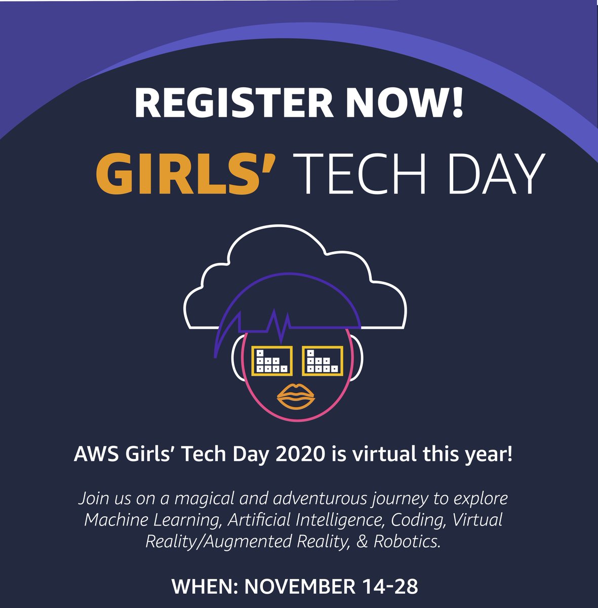 ColsCitySchools's tweet photo. CCS students: Girls’ Tech Day, hosted by Amazon Web Services, is virtual this year and starts on 11/14. Topics include machine learning, A.I., coding, virtual reality, robotics, and more! #OurCCS 

SIGN UP: https://t.co/Dq7WXzKKL9

MORE INFO: https://t.co/O5HnPHaYKW https://t.co/lEXQlWHhSF