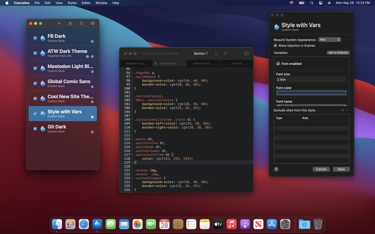 CascadeaApp's tweet photo. Happy to announce Cascadea 2 is releasing on the Mac App Store... today! Featuring an updated UI for macOS Big Sur, a faster and more capable Safari extension, support for more UserCSS variables, and more. https://t.co/UUyNqironJ