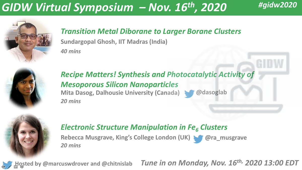 marcuswdrover's tweet photo. π’Calling all #gidw2020 fans - our November Edition with S. Ghosh, @dasoglab, and @ra_musgrave will be on Nov. 16! RT -@Orgmet_ACS @InorganicNews @InorgChem @EurJIC @ChemEurJ @sritterz @DaltonTrans @RealTimeChem @AnywhereChem @CIC_ChemInst @chitnislab @DalhousieChem @ChemUWindsor https://t.co/gqSV1keVLR
