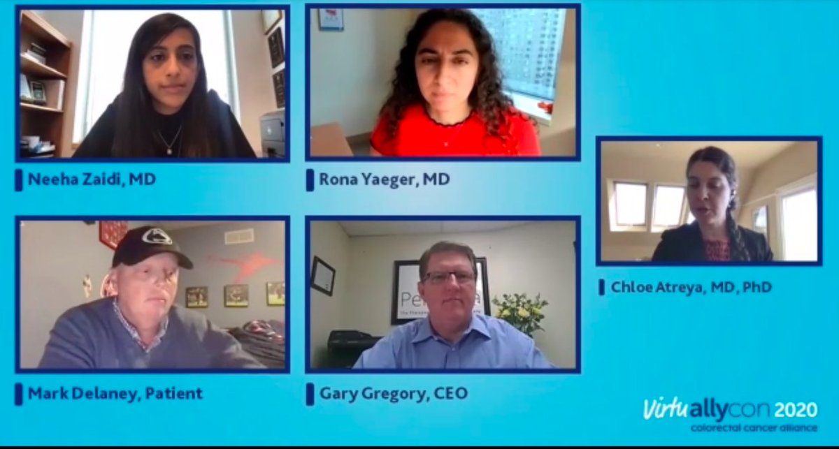 A enlightening session on precision advancements & therapies in #colorectalcancer by @noza512 & @NeehaZaidi from @hopkinskimmel, Dr. Atreya at @UCSF, Dr. Yaeger & Dr. Cercek at @sloan_kettering, #cancersurvivor Mark Delaney, & Gary Gregory at Perthera #AllyCon #crcsm @CCAlliance