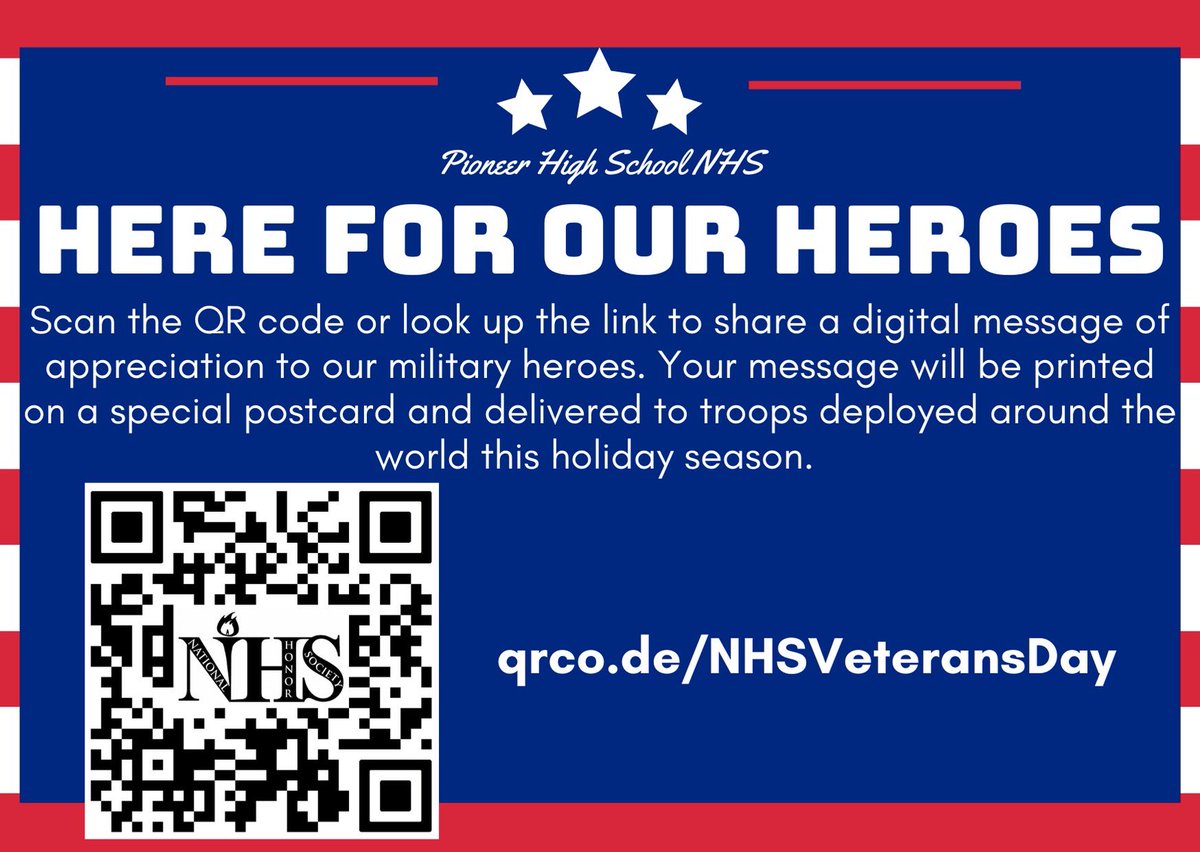 SISDnews's tweet photo. In honor of Veteran's Day, our Pioneer NHS Chapter would like to invite you to participate in “Wear Red, White and Blue Day" and our "Here For Our Heroes" District event. Let’s support all our veterans on November 11th. https://t.co/SBUtgNDRE0