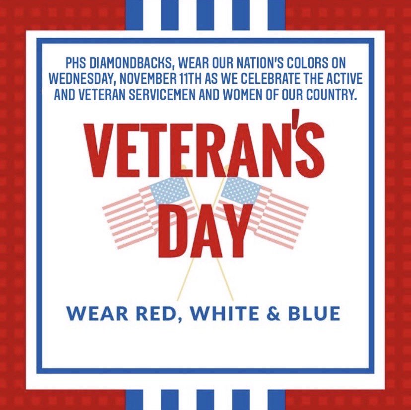 SISDnews's tweet photo. In honor of Veteran's Day, our Pioneer NHS Chapter would like to invite you to participate in “Wear Red, White and Blue Day" and our "Here For Our Heroes" District event. Let’s support all our veterans on November 11th. https://t.co/SBUtgNDRE0