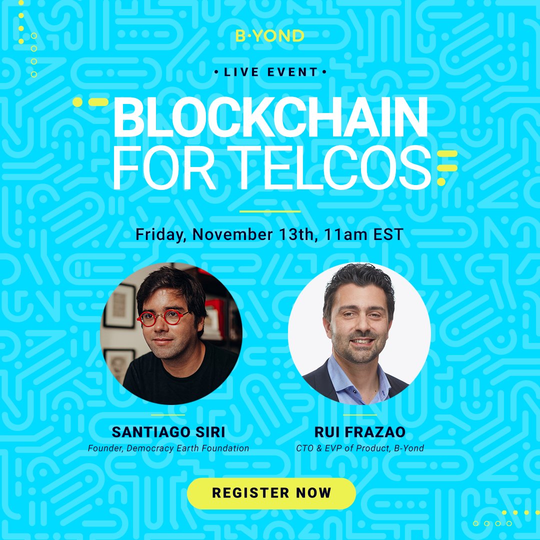 Join us on Friday, Nov 13th at 5:00 M CST for a session held by <a href="/santisiri/">santi</a>, Founder of <a href="/DemocracyEarth/">Democracy Earth</a> alongside <a href="/ruifrazao/">Rui Frazao</a> CTO &amp; EVP at <a href="/Go_Byond/">B-Yond</a> who will discuss how #blockchain can potentially impact CSPs operating models significantly.

Register here: bit.ly/38rq6GY