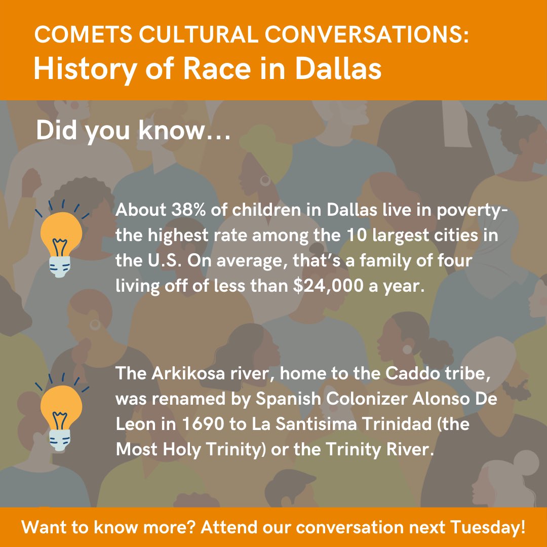 UTDallasMC's tweet photo. ⭐️Comets Cultural Conversations THIS WEEK!⭐️Check out this thread of Dallas facts and learn more when you attend the Down with the System: Dismantling Systematic Racism workshop, part II. 💫
*Registration link in our bio
#DiversityDriven #VirtualProgramming #UTDallasMC https://t.co/UpXaFH1R1b
