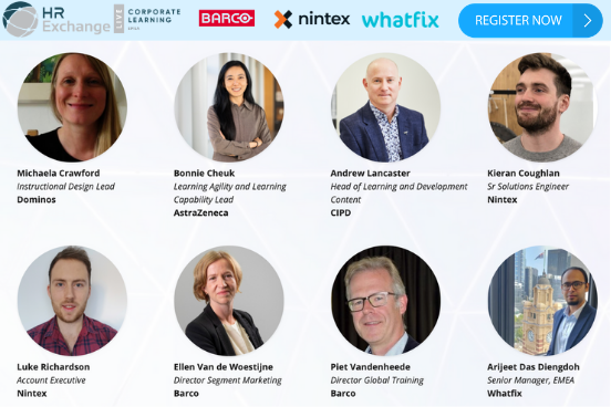 Exchange_HR's tweet photo. If you have not yet already, make sure you save your spot at our Corporate Learning online event in the #EMEA region! The event is tomorrow and you won't want to miss sessions from the thought leaders below! Register here: https://t.co/VU071ZDKw4 @Barco @Nintex @whatfix #HR https://t.co/f9QUfkK8gX