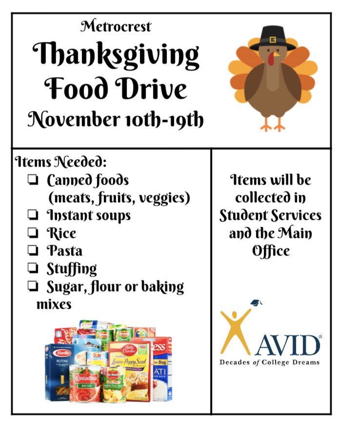 CreekviewAVID's tweet photo. It’s that time of year for our Thanksgiving Food Drive benefitting @metrocresthelps 🦃 🧡 #CreekviewLeads #AVIDLeads #ThisIsAVID #AVIDServes https://t.co/Iv8xN8ajEE