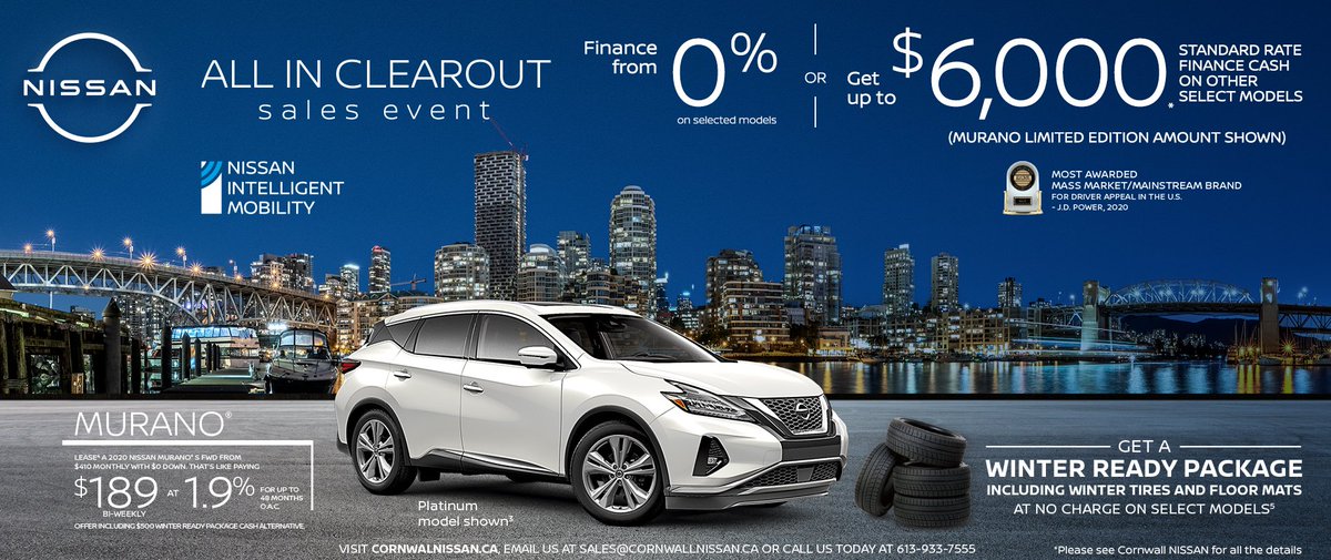 CornwallNissan's tweet photo. CORNWALL #NISSAN NOV 3 - 30 #ALLINCLEAROUT
#SalesEvent #NISSANINTELLIGENTMOBILITY GET A WINTER READY PKG INC #WINTER TIRES &amp; FLOOR MATS NO CHARGE ON SEL MODS* #MURANO *See #CornwallNISSAN for details. Offer may change #NissanMotor https://t.co/i9mnfNmbOW https://t.co/79DnRSZsqE