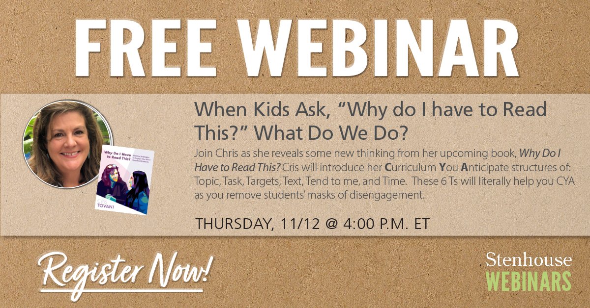stenhousepub's tweet photo. REGISTER AND SAVE! All registrants for this week's webinar with @ctovani will receive a discount code for 10% off her new book, #WhyDoIHavetoReadThis following the webinar.
Register here: https://t.co/fFGeTw73aN
Check out her new book here: https://t.co/90TB8pCISy https://t.co/U2vw99wDrF