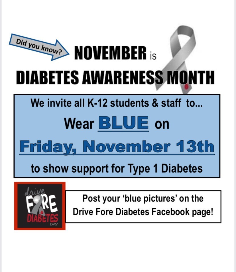 MVAOCOURams's tweet photo. All students are invited to WEAR BLUE on Friday, November 13th to support Type 1 Diabetes https://t.co/Dq4p2uT6wE