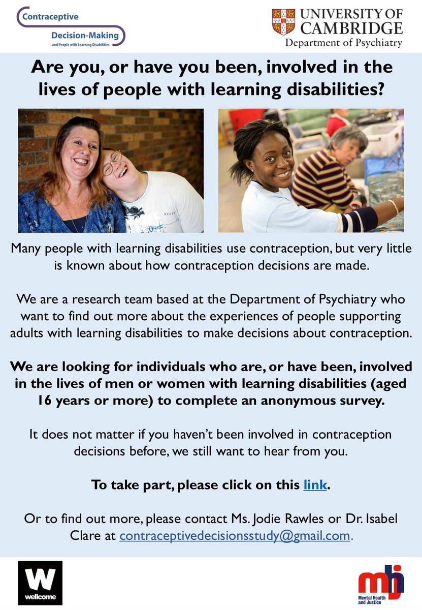 TheArkTrust's tweet photo. University of Cambridge are exploring whether, and if so how, people with learning disabilities are supported in making decisions about contraception. If you have been involved in their lives in some way complete the survey - https://t.co/BX9a1GNRND https://t.co/7TXuZES2MO