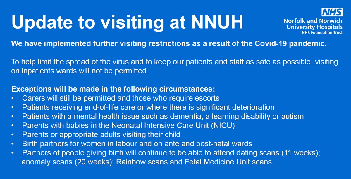 NNUH's tweet photo. 🚨 We have implemented further visiting restrictions as a result of the Covid-19 pandemic.

To help limit the spread of the virus and to keep our patients and staff as safe as possible, visiting on inpatients wards will not be permitted.

More: https://t.co/Grwyj6U4di https://t.co/KZVStuHyI0