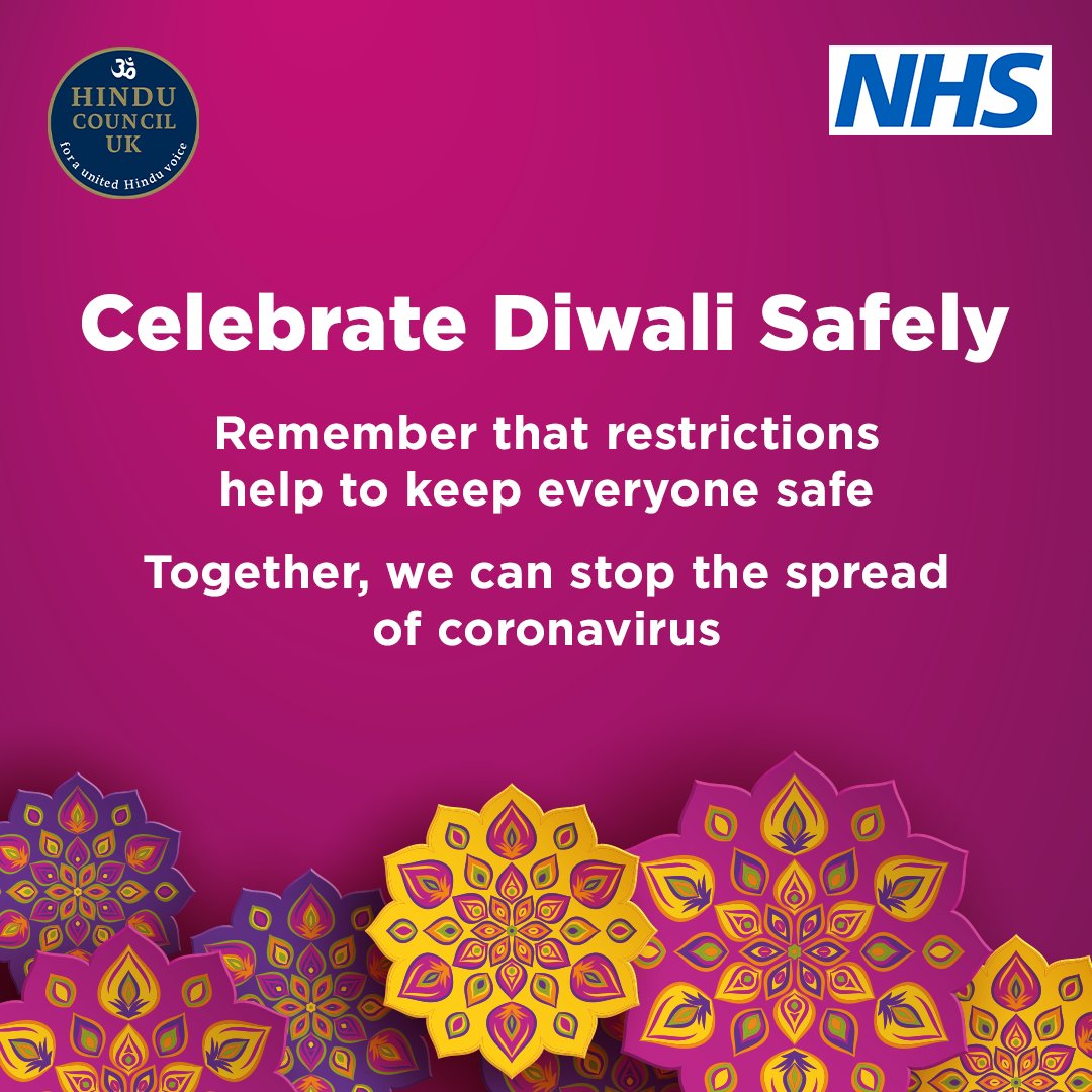 UKHSA_WestMids's tweet photo. A reminder in the run-up to #Diwali -
#StayAtHome as much as possible
#WorkFromHome if you can
#LimitContact with others
#KeepYourDistance #WashYourHands regularly
#Self-Isolate if you or your household have symptoms #StayAlert #Coronavirus #HandsFaceSpace https://t.co/PuLUirF30H