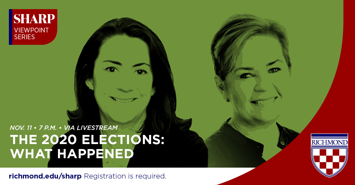 urichmond's tweet photo. Our virtual #URSharp Speaker Series continues this week as #URichmond President @racrutcher reviews the 2020 election results and their implications for critical national issues with Mary Kate Cary and Mary Anne Marsh.
https://t.co/FQNWiiI2rL https://t.co/ADNOWGTxXg