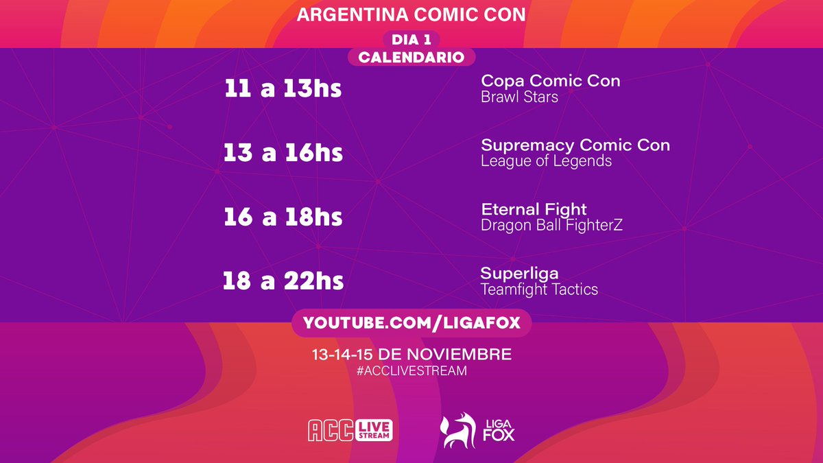 #acclivestream #Dia1 

✔️ Atención fanáticos de estos juegos 🥳

🌟<a href="/lol_es/">League of Legends ES</a> @playtft <a href="/brawlstars/">Brawl Stars</a> #dbz

✔️13-14-15 de noviembre de 11:00 AM a 22:00 pm 🇦🇷 vamos a tener COMPETENCIA!

✔️Dónde vas a poder disfrutar de los mejores juegos?

 Youtube.com/ligafox

@ArgenComicCon ♥️