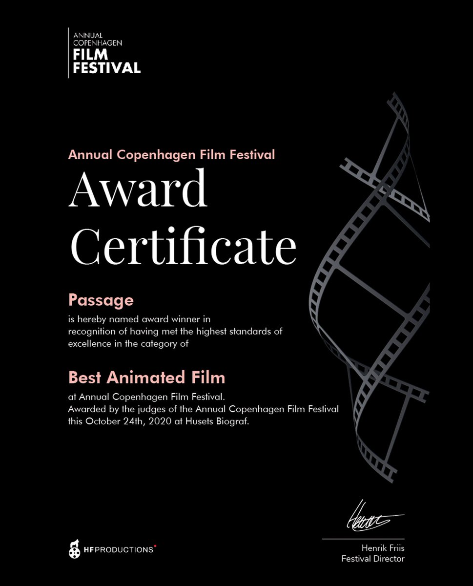 Thank you so much! We are so honored and humbled to have #PassageFilm win the Award for Best Animated Film at the #AnnualCopenhagenFilmFestival. Big thanks and best wishes from our entire team!
Congratulations to #TeamPassage ♥
