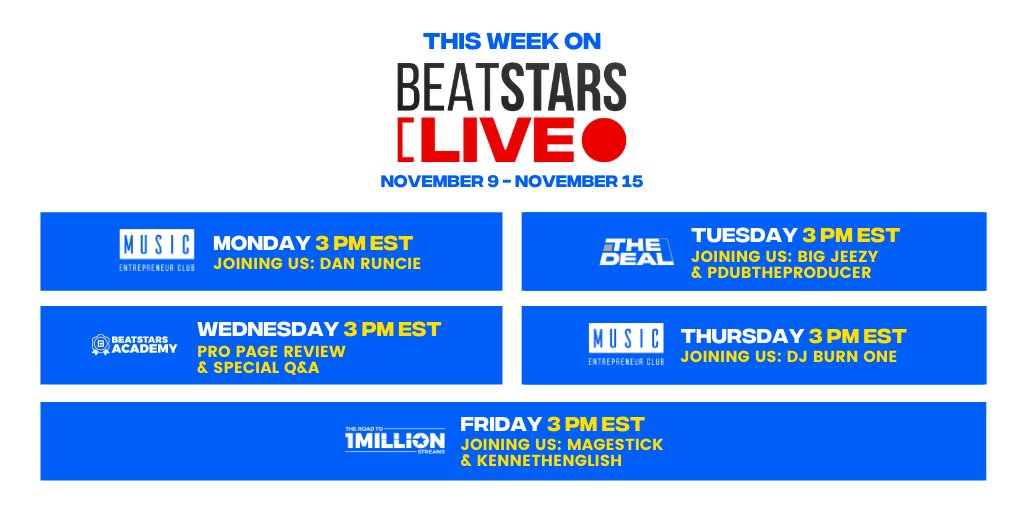 BeatStars's tweet photo. Check out this week's #BeatStarsLive schedule. 📺 Click here to tune in: https://t.co/nLntZO4A6q https://t.co/vTnumTcsXT