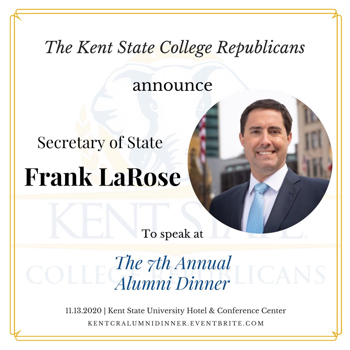 We are SO excited to announce Secretary of State <a href="/FrankLaRose/">Frank LaRose</a> as our keynote speaker for the 7th Annual Alumni Dinner!