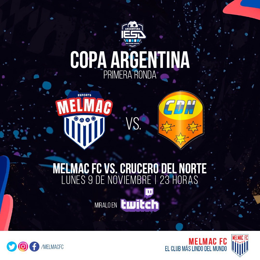 Primera ronda de Copa Argentina en <a href="/IESAFIFAar/">IESA Argentina</a> para Melmac eSports!
Míralo en vivo por nuestro canal de Twitch: twitch.tv/melmacfc