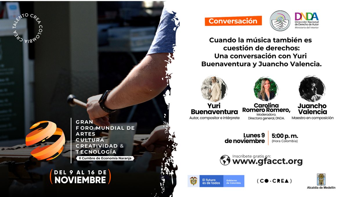 #GFACCT2020|  Te esperamos #hoy a las 5:00 p.m. para que participes del panel: Cuando la música también es cuestión de derechos.🎶

Junto a: <a href="/CRomeroRomero2/">Carolina Romero</a>, <a href="/YuriTura/">Yuri Buenaventura</a> y <a href="/juanchosargento/">Juancho Valencia</a>.

Inscríbete👉gfacct.org/registro/
