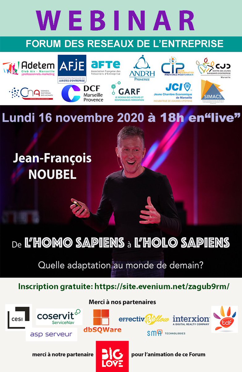 J-6 avant le Forum des Réseaux en « live »
Jean-François Noubel «Terrien open source »nous fera part de ses recherches et ses réflexions sur nos capacités à nous adapter au monde de demain. L’inscription sur Evenium  est gratuite mais obligatoire
site.evenium.net/zagub9rm/