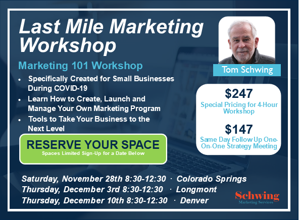 📢 ANNOUNCING THE LAST MILE MARKETING WORKSHOP
The goal is to give you all the tools and knowledge you need to create, launch and manage your own Marketing Program.

⬇️ Click below to reserve your seat!
lnkd.in/gT3R2nn

#Marketing #DenverCO #ColoradoSprings #Longmont