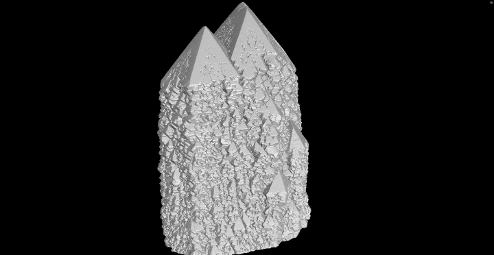 Mineral scientist Ben Andrews uses CT-scans to study how crystals form in various environments. In the pictured snowflake quartz, “the green blobs record an earlier ‘phantom’ in the crystal - a previous surface that has since been overgrown.