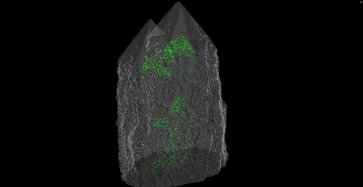 Mineral scientist Ben Andrews uses CT-scans to study how crystals form in various environments. In the pictured snowflake quartz, “the green blobs record an earlier ‘phantom’ in the crystal - a previous surface that has since been overgrown.