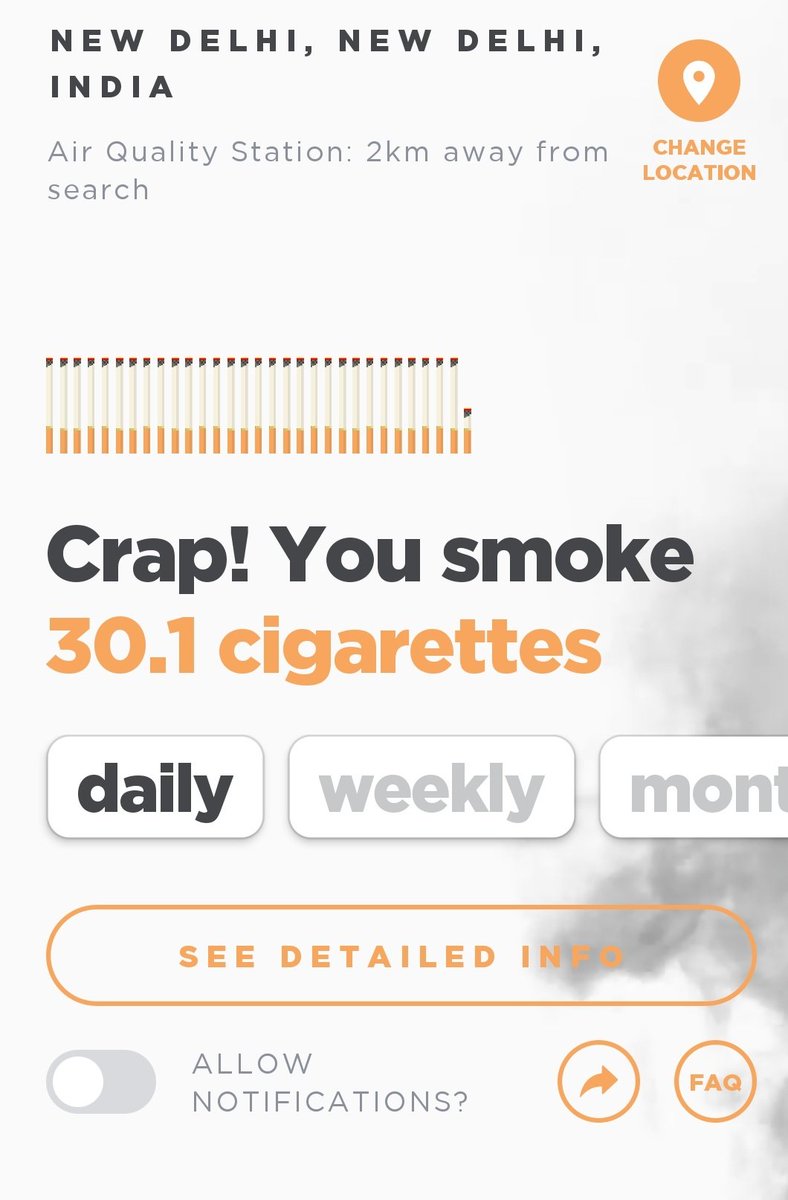pratyasharath's tweet photo. I have an app which tells you about the air quality in terms of the number of cigarettes you smoke. 
This is what it is like in Delhi 😐😐 https://t.co/rpCbvzHFfn