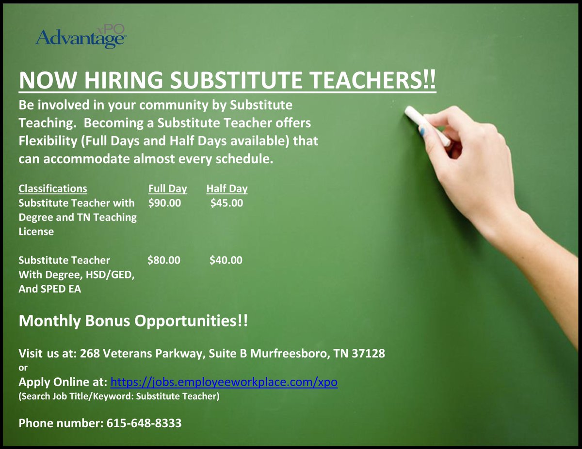 RCS is hiring substitute teachers. Offering flexible schedules (full &amp; half days), preferred locations &amp; weekly pay.

Visit us: 268 Veterans Pkwy, Suite B; M'boro or apply online: jobs.employeeworkplace.com/xpo. Search Job Title / Keyword: Substitute Teacher. Or call 615-648-8333.