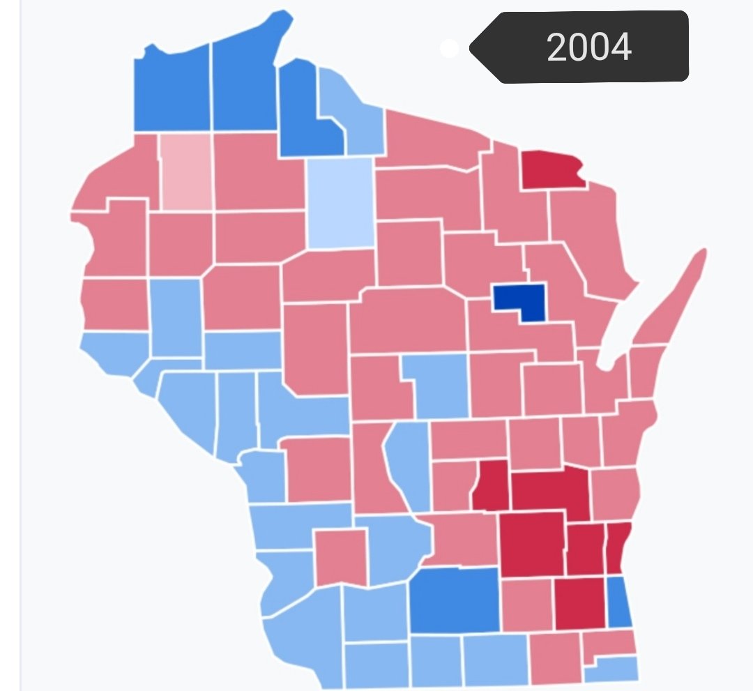 Wisconsin: Both won by a slim margin of c0.5%, but the map looks pretty different. Biden didn't regain historic rural progressive heartland of west Wisconsin where Clinton was wiped out. But he lost by 15% less than Kerry in Milwaukee suburbs & won by 15% more in Milwaukee