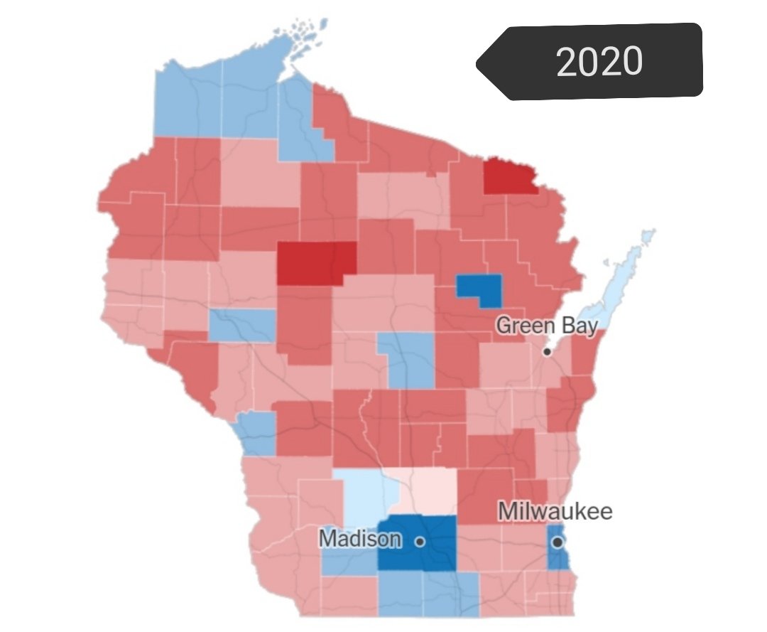 Wisconsin: Both won by a slim margin of c0.5%, but the map looks pretty different. Biden didn't regain historic rural progressive heartland of west Wisconsin where Clinton was wiped out. But he lost by 15% less than Kerry in Milwaukee suburbs & won by 15% more in Milwaukee