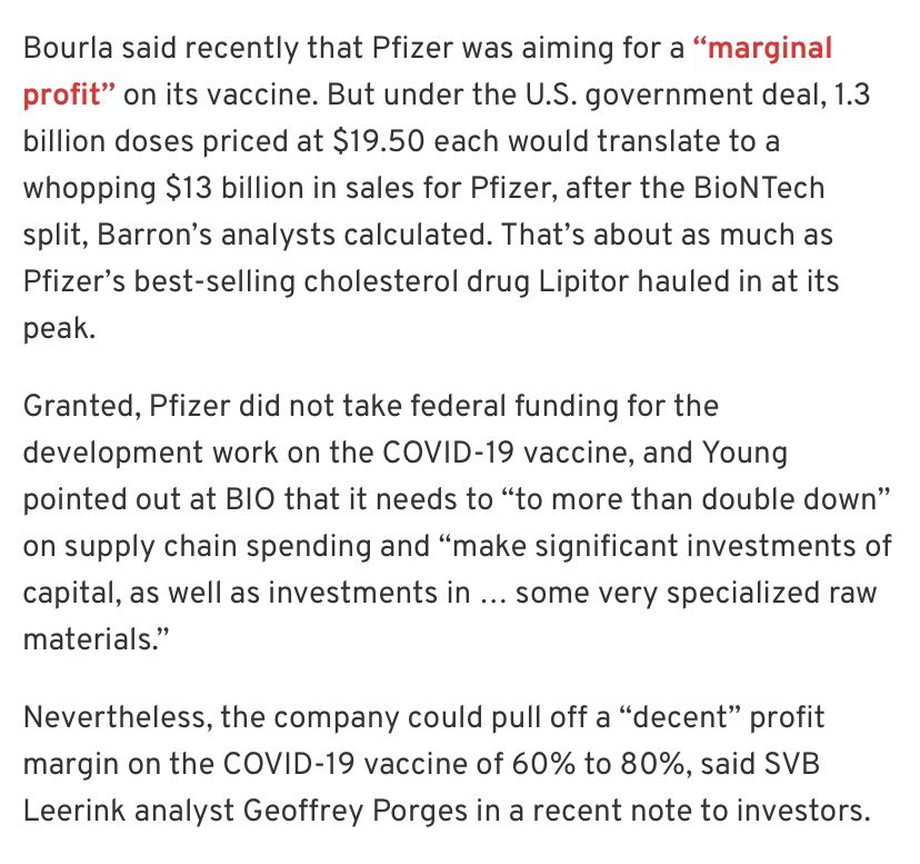 Bottom line: When a safe and effective  #COVID19 vaccine is found, it must be for everyone, everywhere.  @pfizer CEO has said he's looking for a "marginal profit" on the vaccine. That's out of step with much of the rest of the industry, which is promising sales at cost