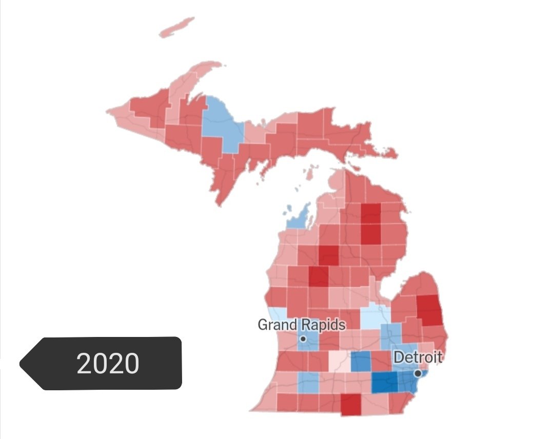 Michigan: Biden won by 3.5, Kerry by 4.5. Biden lost once union & Dem strongholds in Bay region & Peninsula & former black holiday spot Lake County (poorest county in Michigan. Voted McGovern in 72. Now Trump 62%). Biden & Kerry got similar margins around Detroit & Flint. But ..