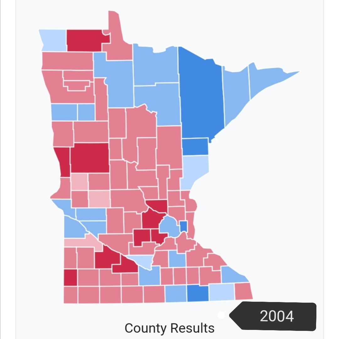 Minnesota: Biden won by twice as much as Kerry (7% vs 3.5),though you wouldn't guess it from 1st glance at the map. Dems have lost old rural strongholds connected to the farmer-labor tradition. But Biden won by 20% more than Kerry in Minneapolis-St Paul & won formerly GOP suburbs