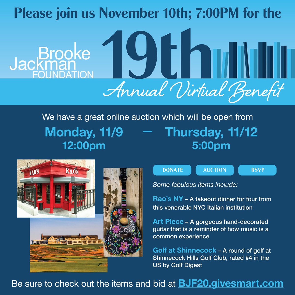jackmanliteracy's tweet photo. The Brooke Jackman Virtual Benefit Auction is live! Starting today, you can place bids on activities and items including art, golfing and cooking classes. The online auction will be open until Thursday, November 12th at 5:00pm EST. 

Place your bids at:  https://t.co/xiaYqw8QzI https://t.co/GffONQndOb