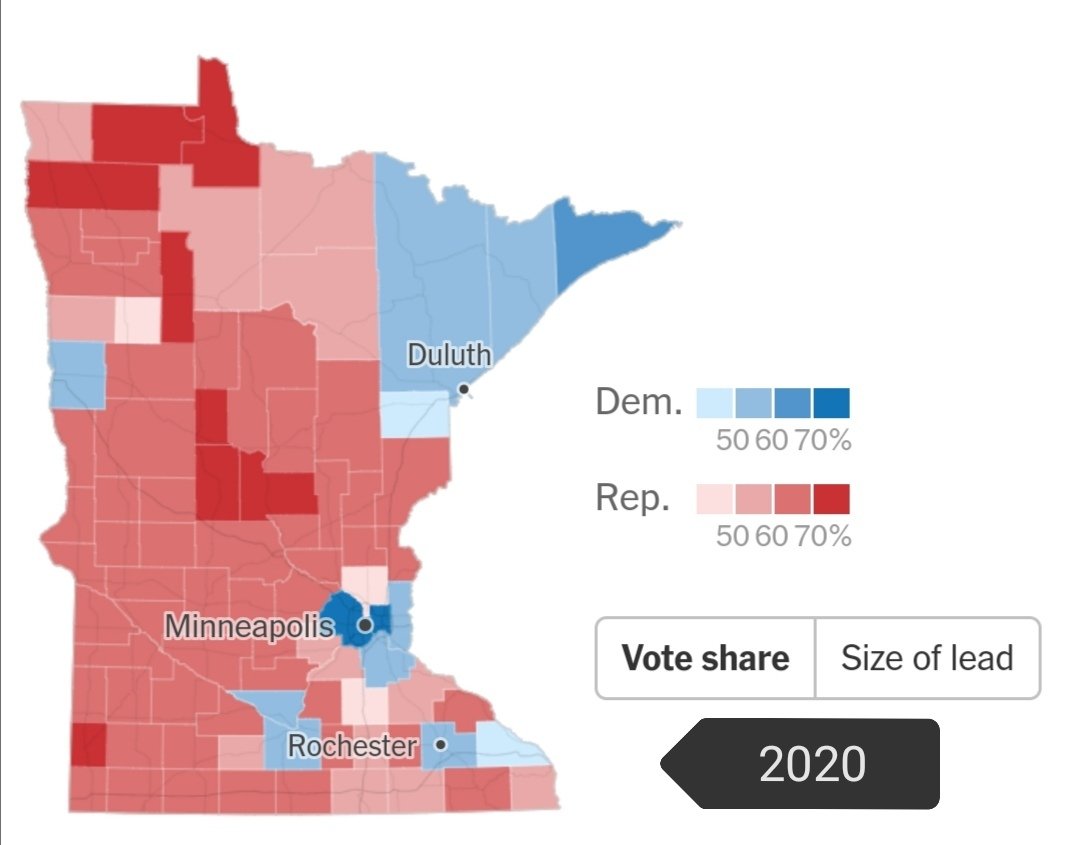 Minnesota: Biden won by twice as much as Kerry (7% vs 3.5),though you wouldn't guess it from 1st glance at the map. Dems have lost old rural strongholds connected to the farmer-labor tradition. But Biden won by 20% more than Kerry in Minneapolis-St Paul & won formerly GOP suburbs
