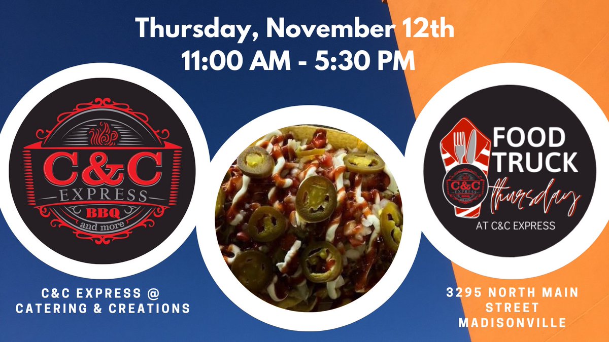 ccdinnerstogo's tweet photo. Come see us at Food Truck Thursday, November 12th from 11:00AM-5:30PM at 3295 North Main Street. We will have all your favorites ready for you. https://t.co/PcBDTGbQSC