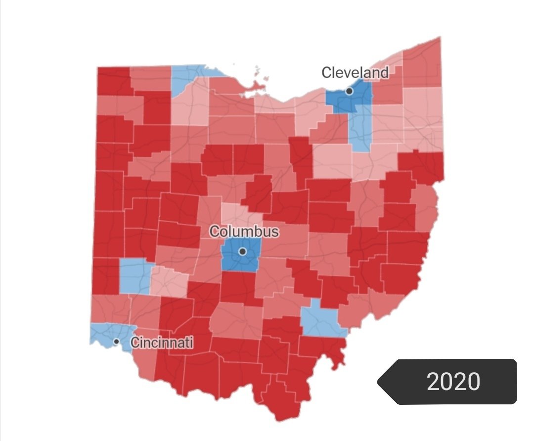 Ohio: both lost, but Biden by much more (8% vs 2%). Dem decline accelerated with Trump has continued in old industrial areas on Lake Erie & esp in the east. Some eastern counties Kerry won are 70% Trump. But once urban GOP stronghold of Hamilton(Cincinnati) went solidly for Biden