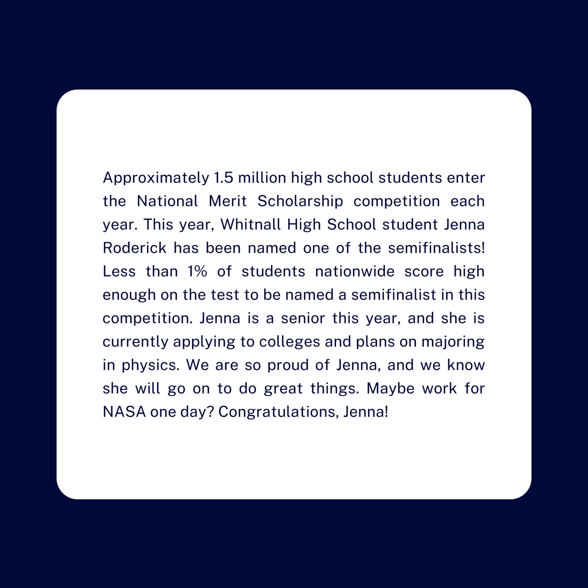 WhitnallSchools's tweet photo. WHS student Jenna Roderick has been named a National Merit Scholarship semifinalist! https://t.co/BCA8q0OOfY