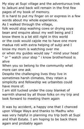 villageways's tweet photo. Our first domestic guests are returning to our partner communities, and it is so lovely to have them. These kind words are typical of the warm-hearted guests we are so fortunate to have. We look forward to being open to international guests soon. https://t.co/dvTrG8A7ld